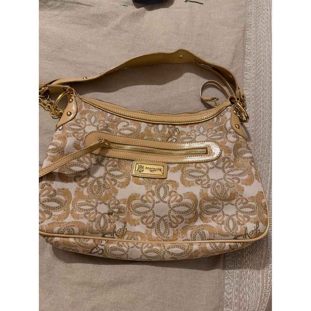 Sharif Studio Shoulder Bag Tan Cream Tapestry Floral Gold Tone Hardware Hobo
